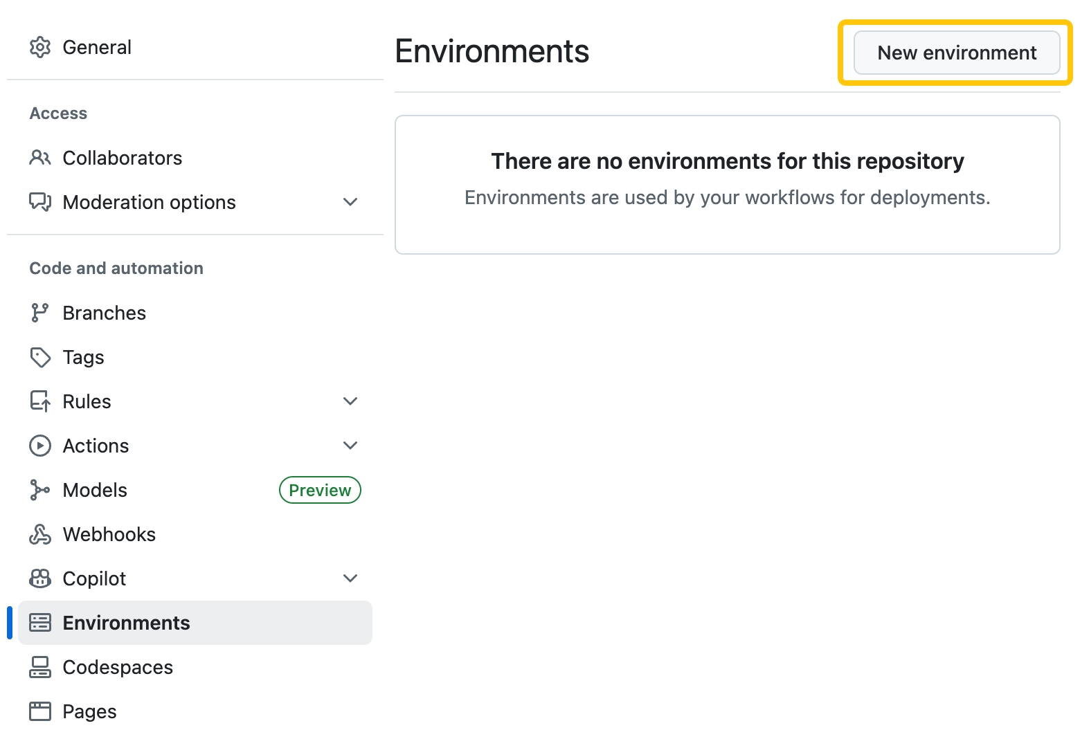 Repository settings environments